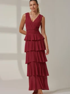 Jolie Moi Occasion Dresses|Wrap Dresses-Mesh Sleeveless Tiered Maxi Dress, Burgundy