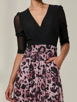 Jolie Moi Occasion Dresses|Mesh Dresses-Mesh Two Tone Half Sleeve Midi Dress, Pink Leopard