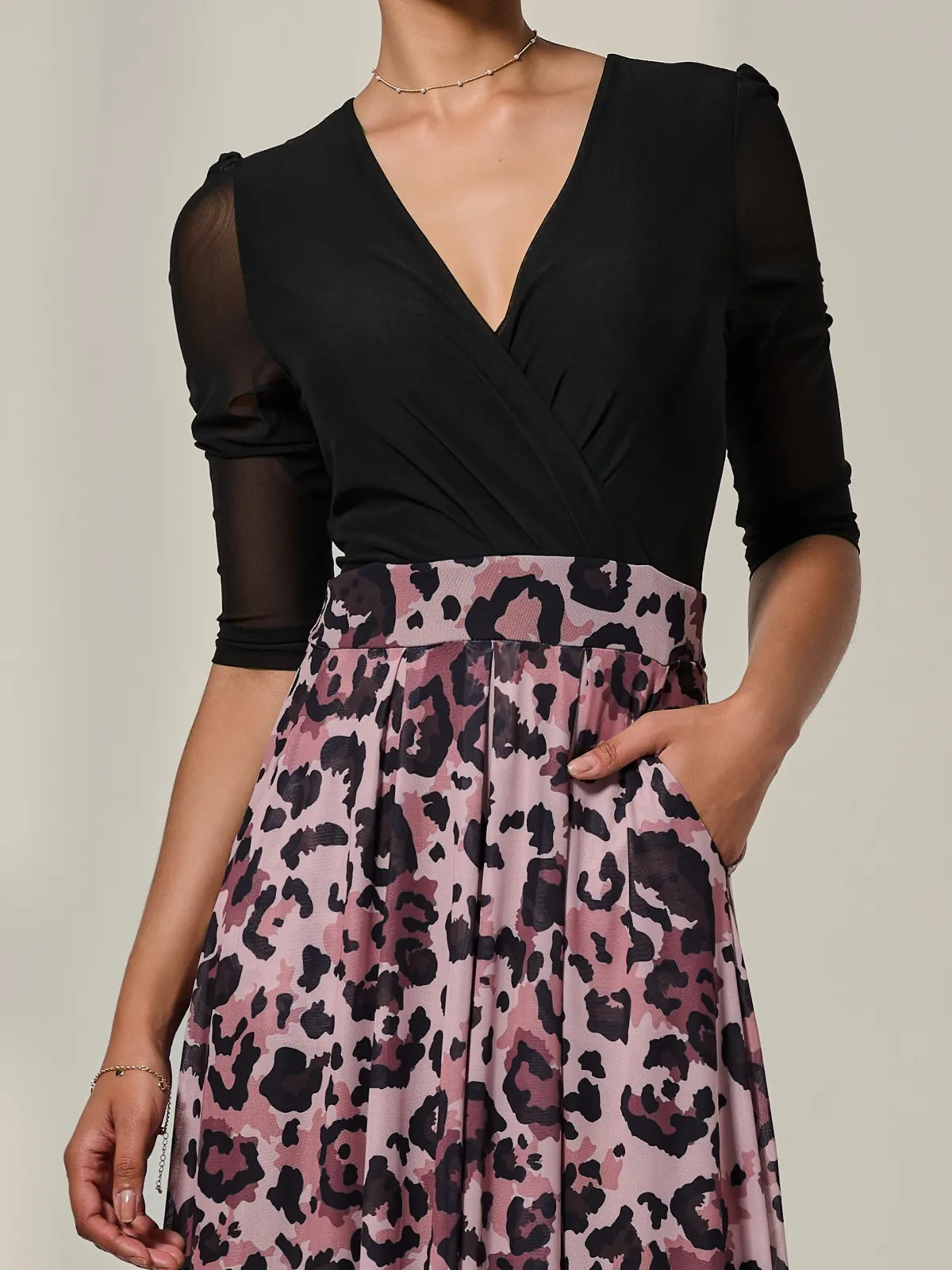 Jolie Moi Occasion Dresses|Mesh Dresses-Mesh Two Tone Half Sleeve Midi Dress, Pink Leopard
