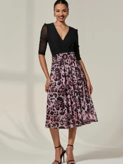 Jolie Moi Occasion Dresses|Mesh Dresses-Mesh Two Tone Half Sleeve Midi Dress, Pink Leopard