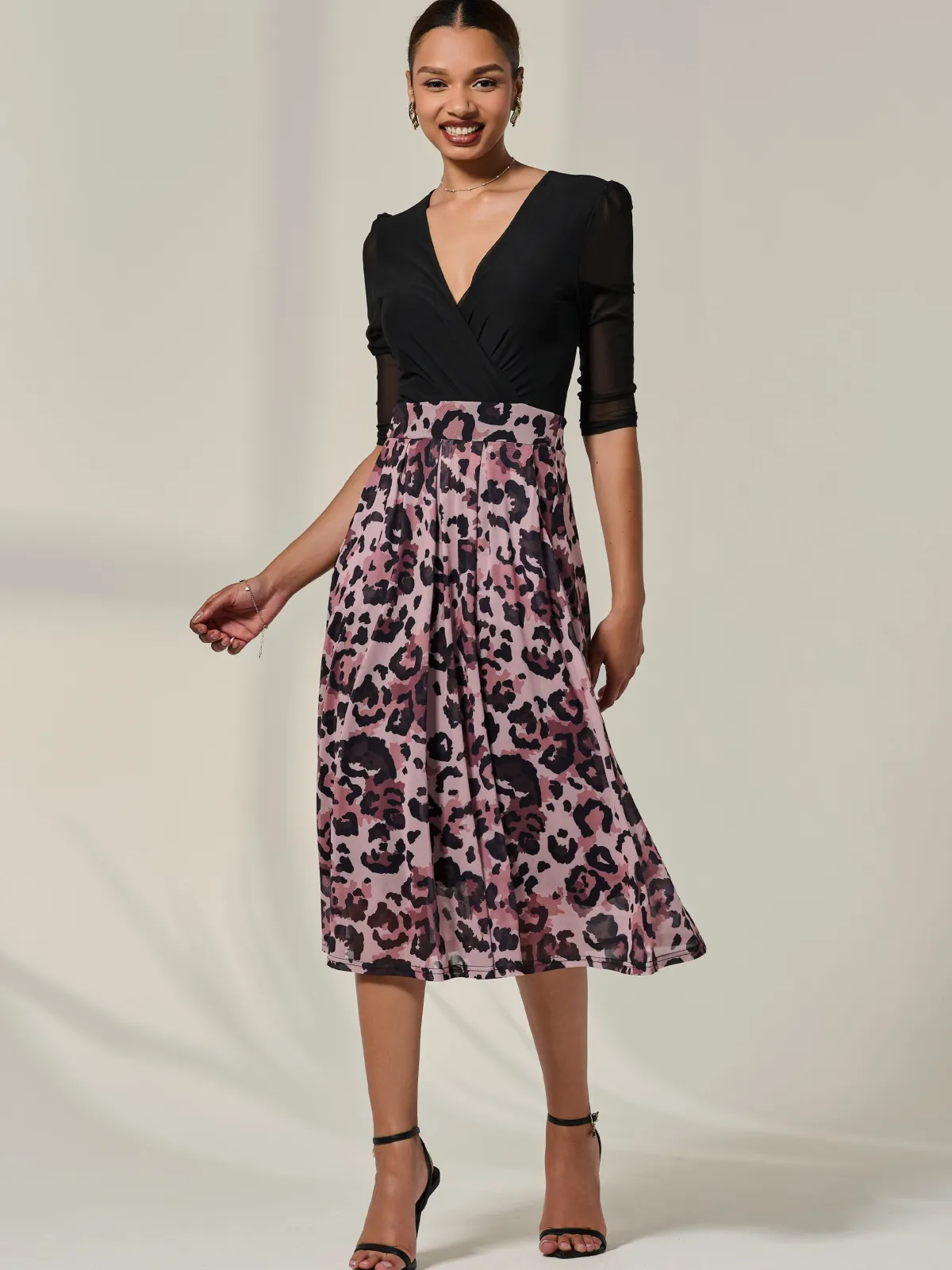 Jolie Moi Occasion Dresses|Mesh Dresses-Mesh Two Tone Half Sleeve Midi Dress, Pink Leopard