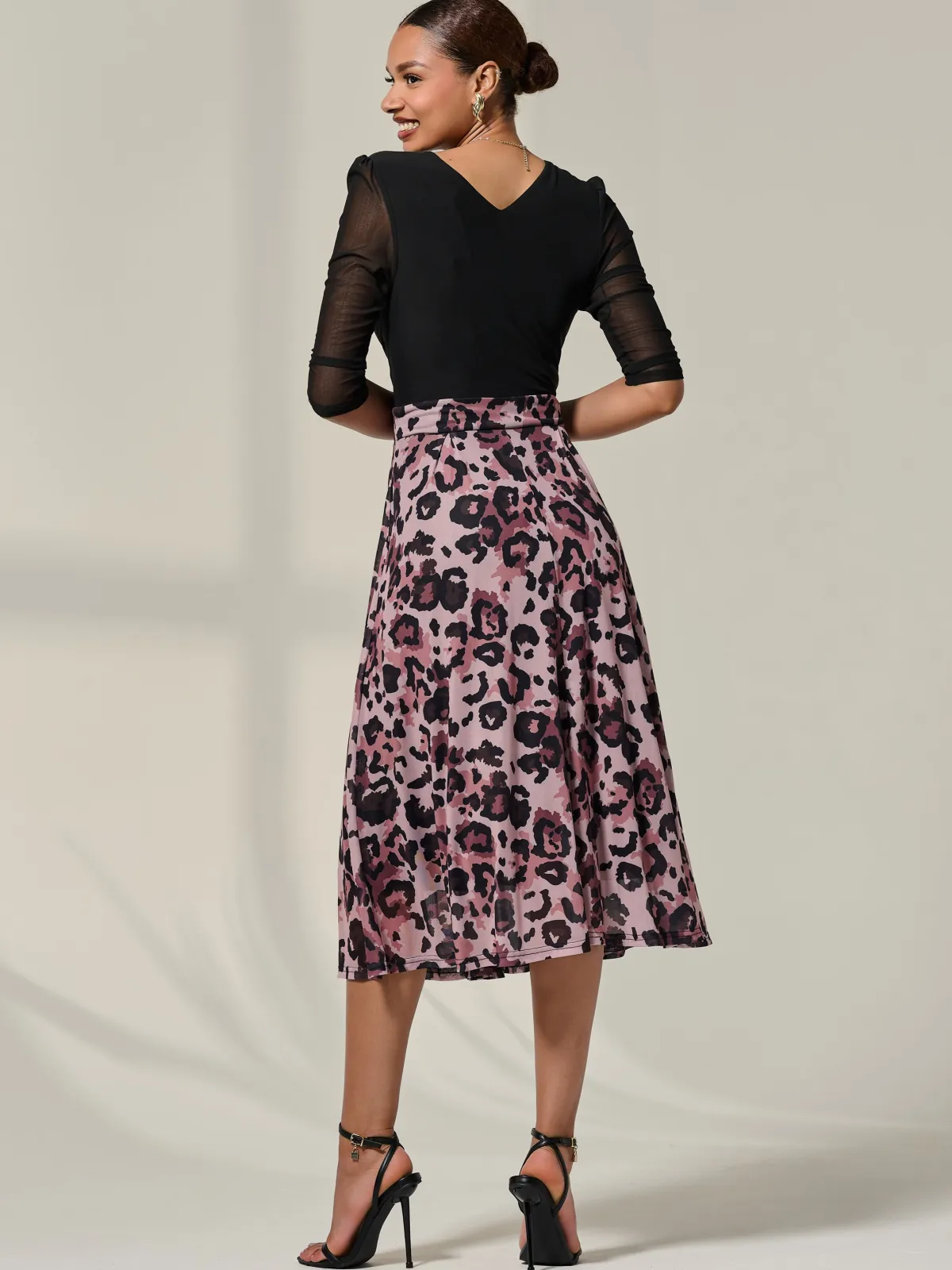 Jolie Moi Occasion Dresses|Mesh Dresses-Mesh Two Tone Half Sleeve Midi Dress, Pink Leopard