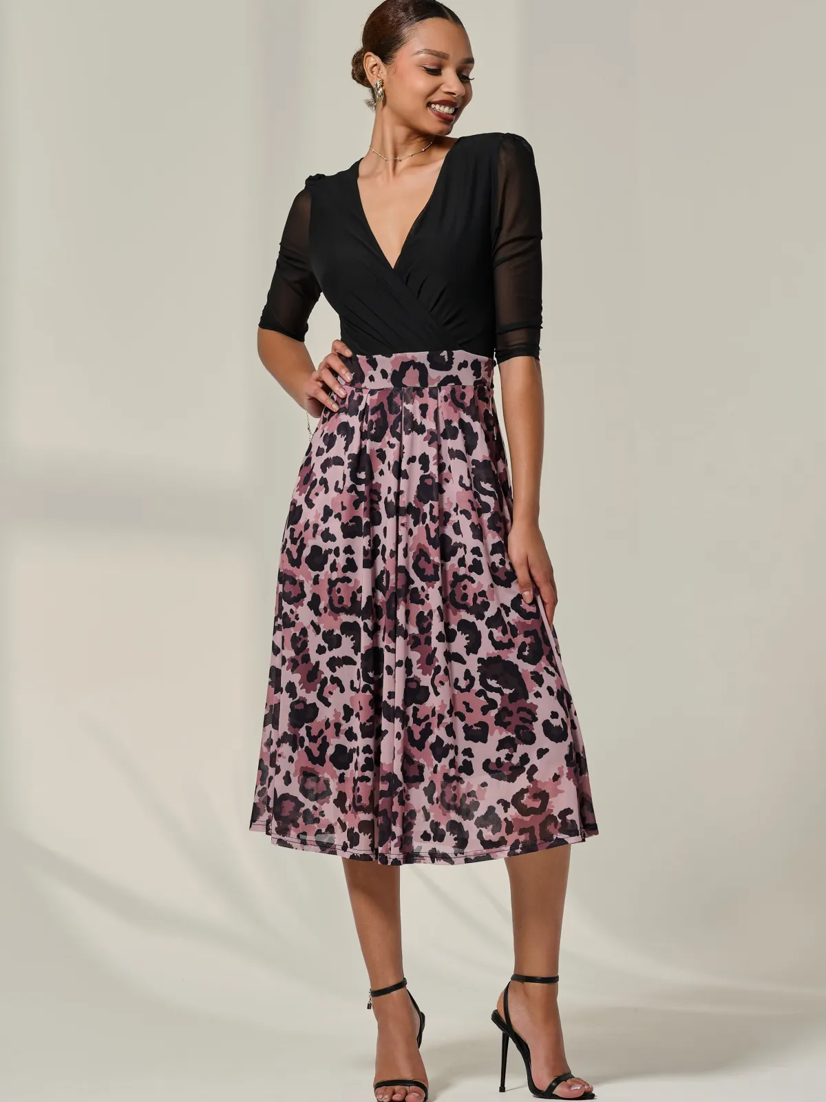 Jolie Moi Occasion Dresses|Mesh Dresses-Mesh Two Tone Half Sleeve Midi Dress, Pink Leopard