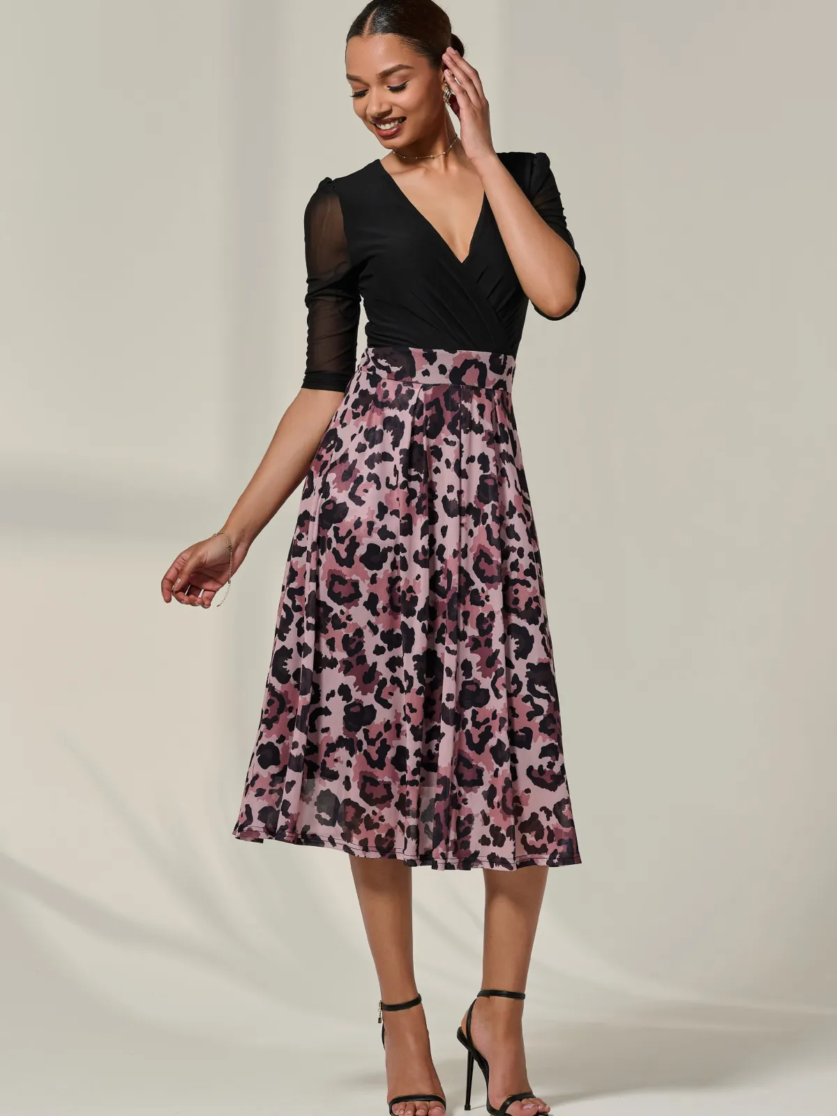 Jolie Moi Occasion Dresses|Mesh Dresses-Mesh Two Tone Half Sleeve Midi Dress, Pink Leopard