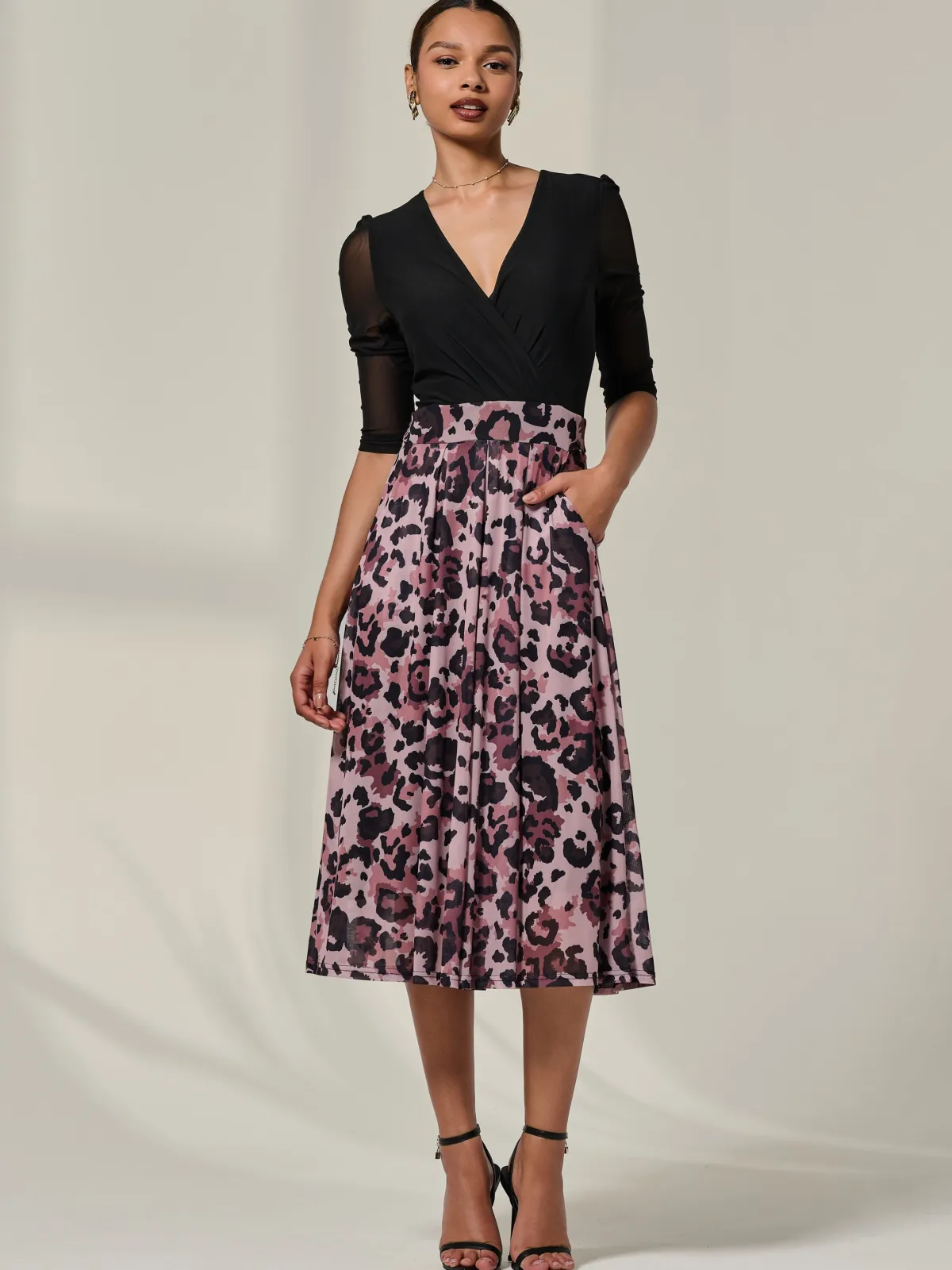 Jolie Moi Occasion Dresses|Mesh Dresses-Mesh Two Tone Half Sleeve Midi Dress, Pink Leopard