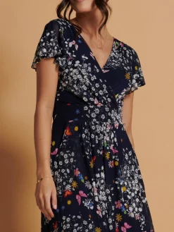 Jolie Moi Occasion Dresses|Floral Dresses-Mesh V-Neck Maxi Dress, Navy Multi