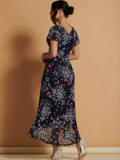 Jolie Moi Occasion Dresses|Floral Dresses-Mesh V-Neck Maxi Dress, Navy Multi