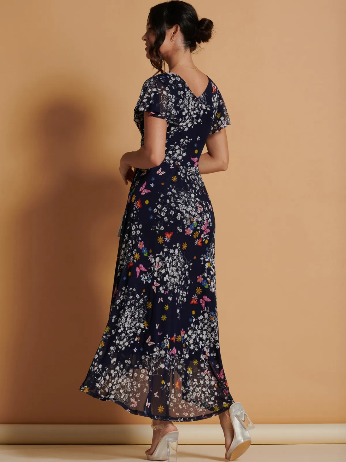 Jolie Moi Occasion Dresses|Floral Dresses-Mesh V-Neck Maxi Dress, Navy Multi