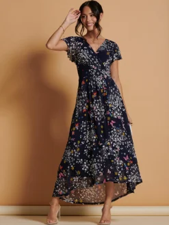 Jolie Moi Occasion Dresses|Floral Dresses-Mesh V-Neck Maxi Dress, Navy Multi