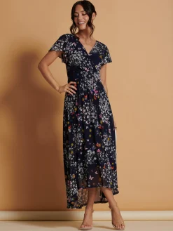 Jolie Moi Occasion Dresses|Floral Dresses-Mesh V-Neck Maxi Dress, Navy Multi