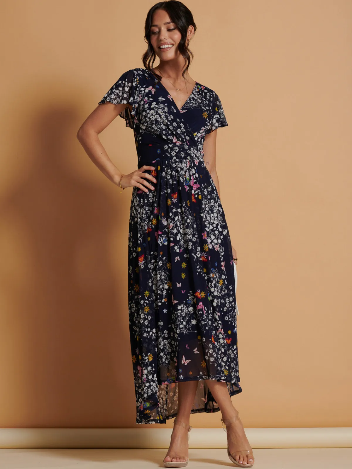 Jolie Moi Occasion Dresses|Floral Dresses-Mesh V-Neck Maxi Dress, Navy Multi