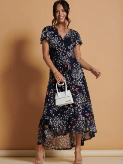 Jolie Moi Occasion Dresses|Floral Dresses-Mesh V-Neck Maxi Dress, Navy Multi
