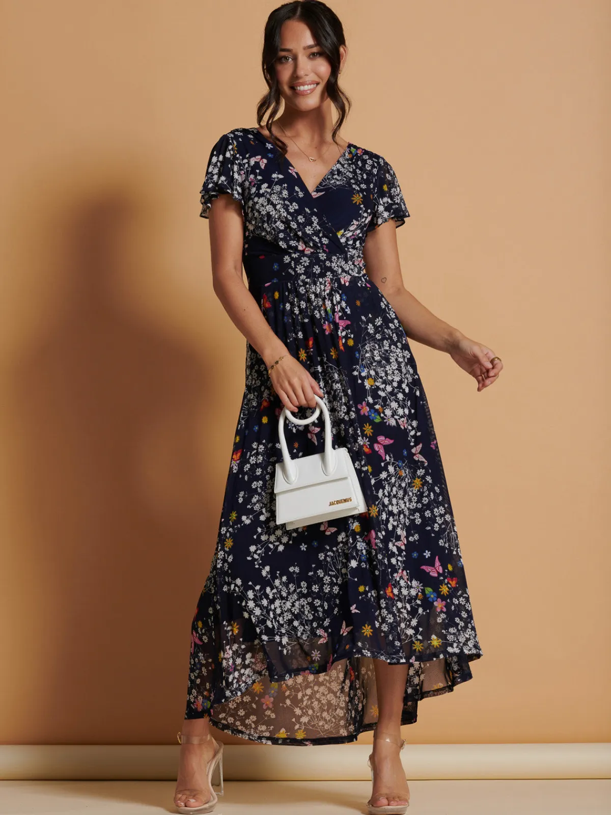 Jolie Moi Occasion Dresses|Floral Dresses-Mesh V-Neck Maxi Dress, Navy Multi