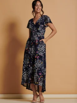 Jolie Moi Occasion Dresses|Floral Dresses-Mesh V-Neck Maxi Dress, Navy Multi