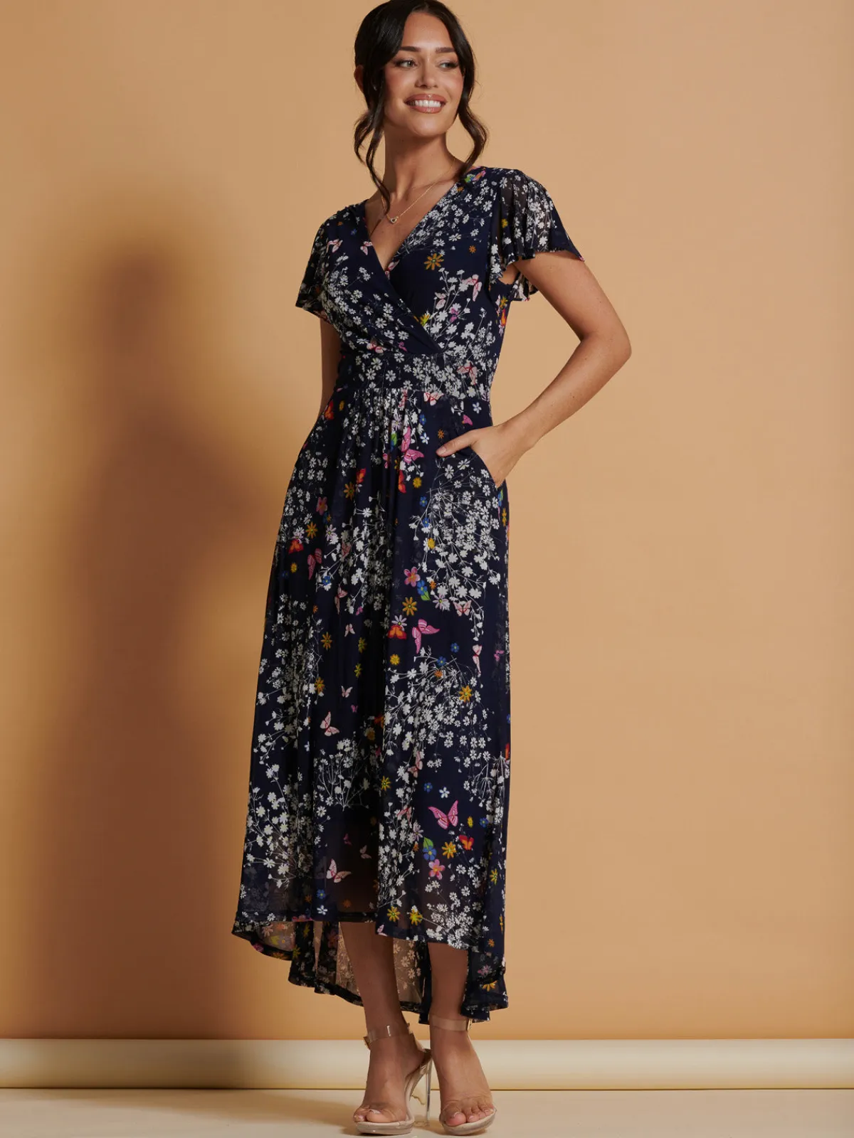 Jolie Moi Occasion Dresses|Floral Dresses-Mesh V-Neck Maxi Dress, Navy Multi
