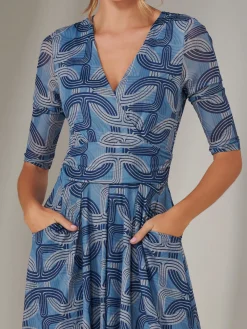 Jolie Moi Occasion Dresses|Office Dresses-Mesh Wrap Midi Dress, Blue Pattern
