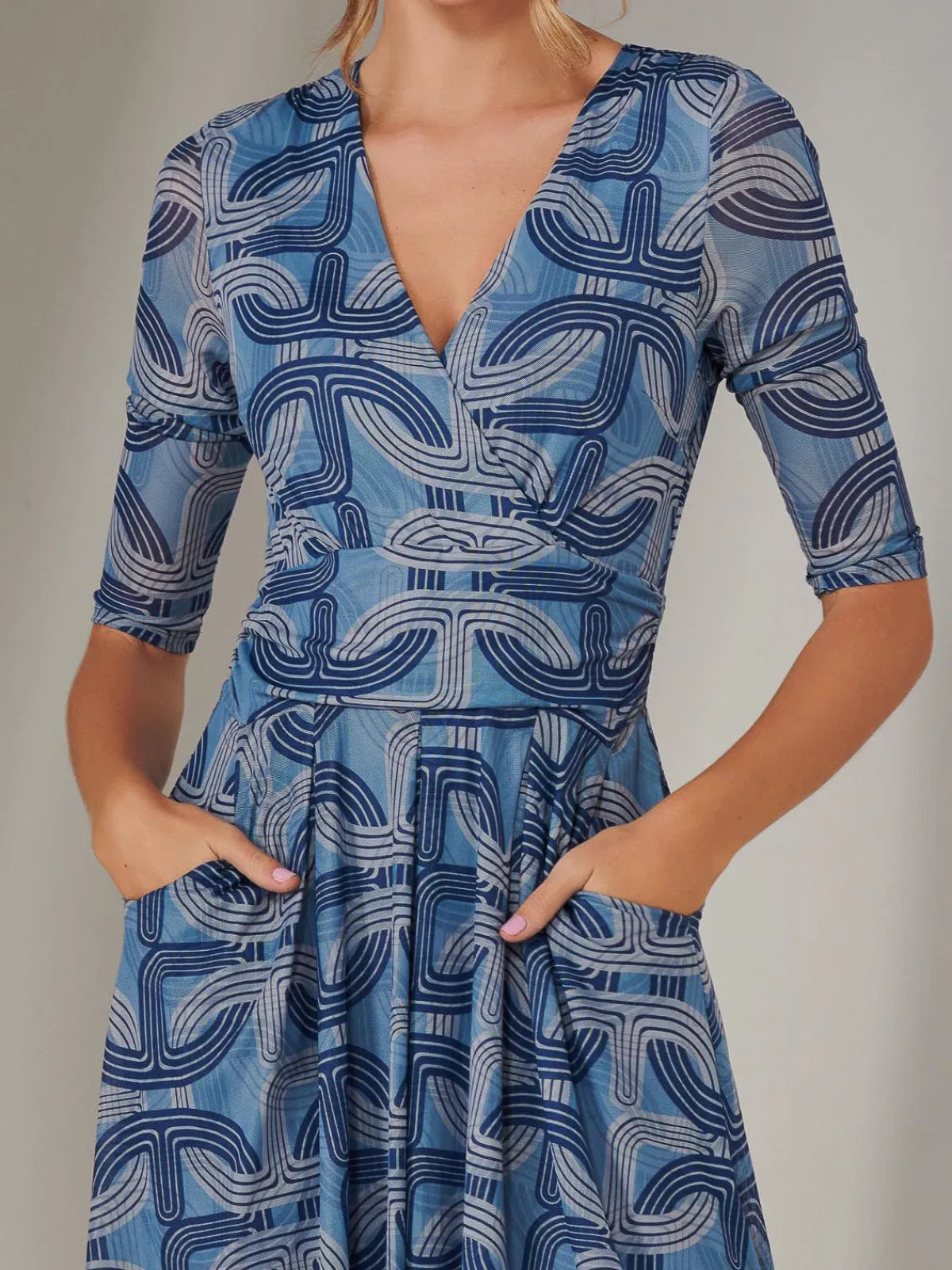 Jolie Moi Occasion Dresses|Office Dresses-Mesh Wrap Midi Dress, Blue Pattern