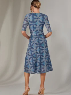 Jolie Moi Occasion Dresses|Office Dresses-Mesh Wrap Midi Dress, Blue Pattern