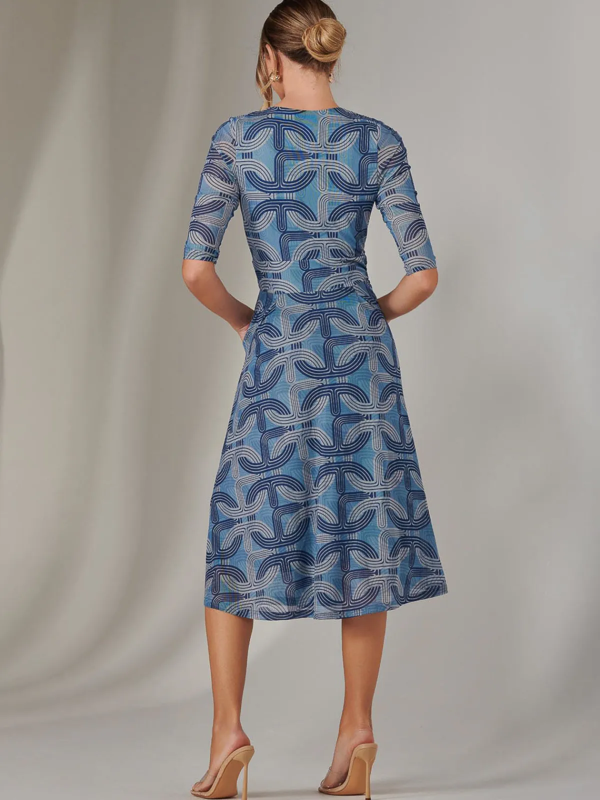 Jolie Moi Occasion Dresses|Office Dresses-Mesh Wrap Midi Dress, Blue Pattern