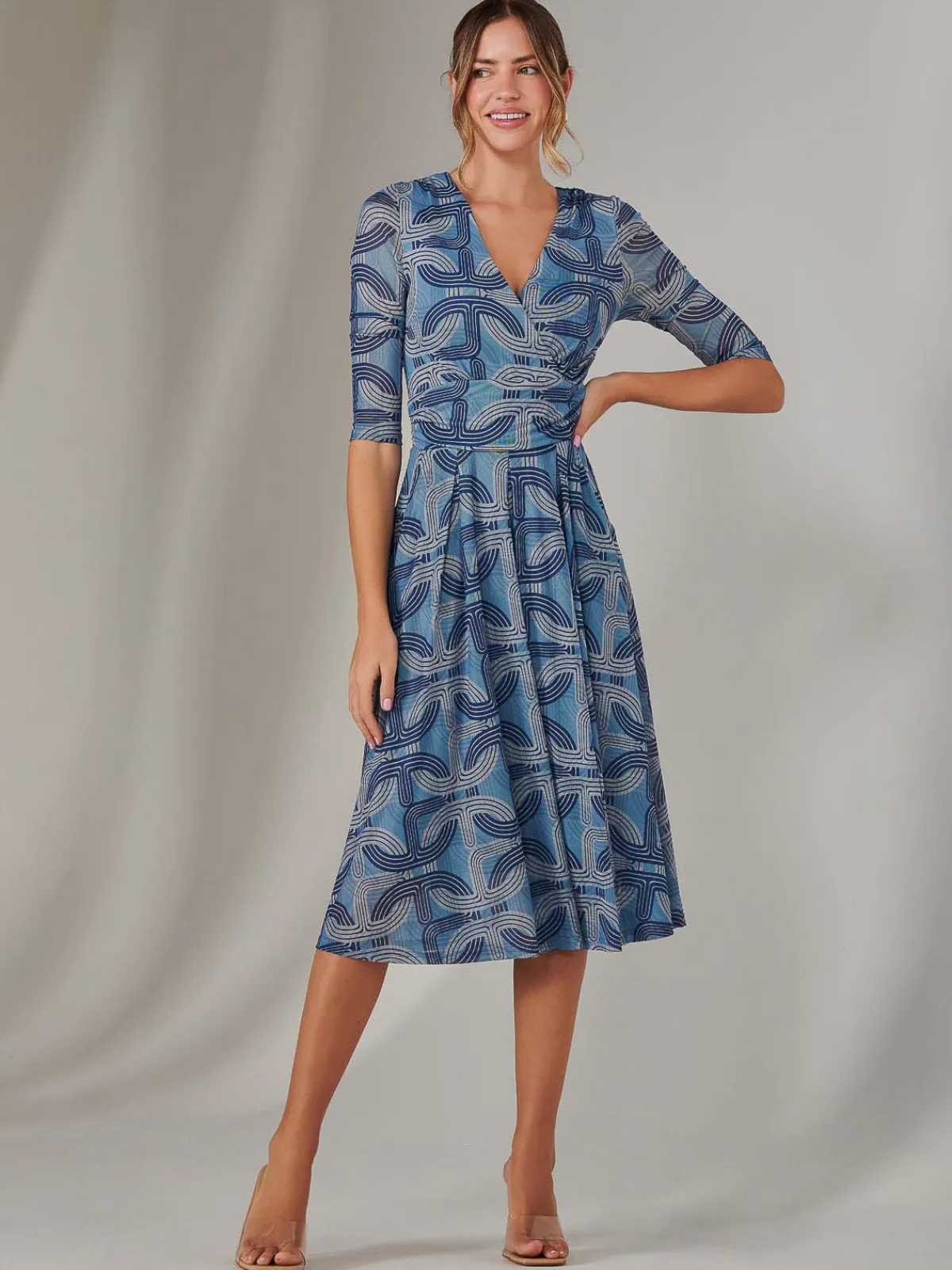 Jolie Moi Occasion Dresses|Office Dresses-Mesh Wrap Midi Dress, Blue Pattern