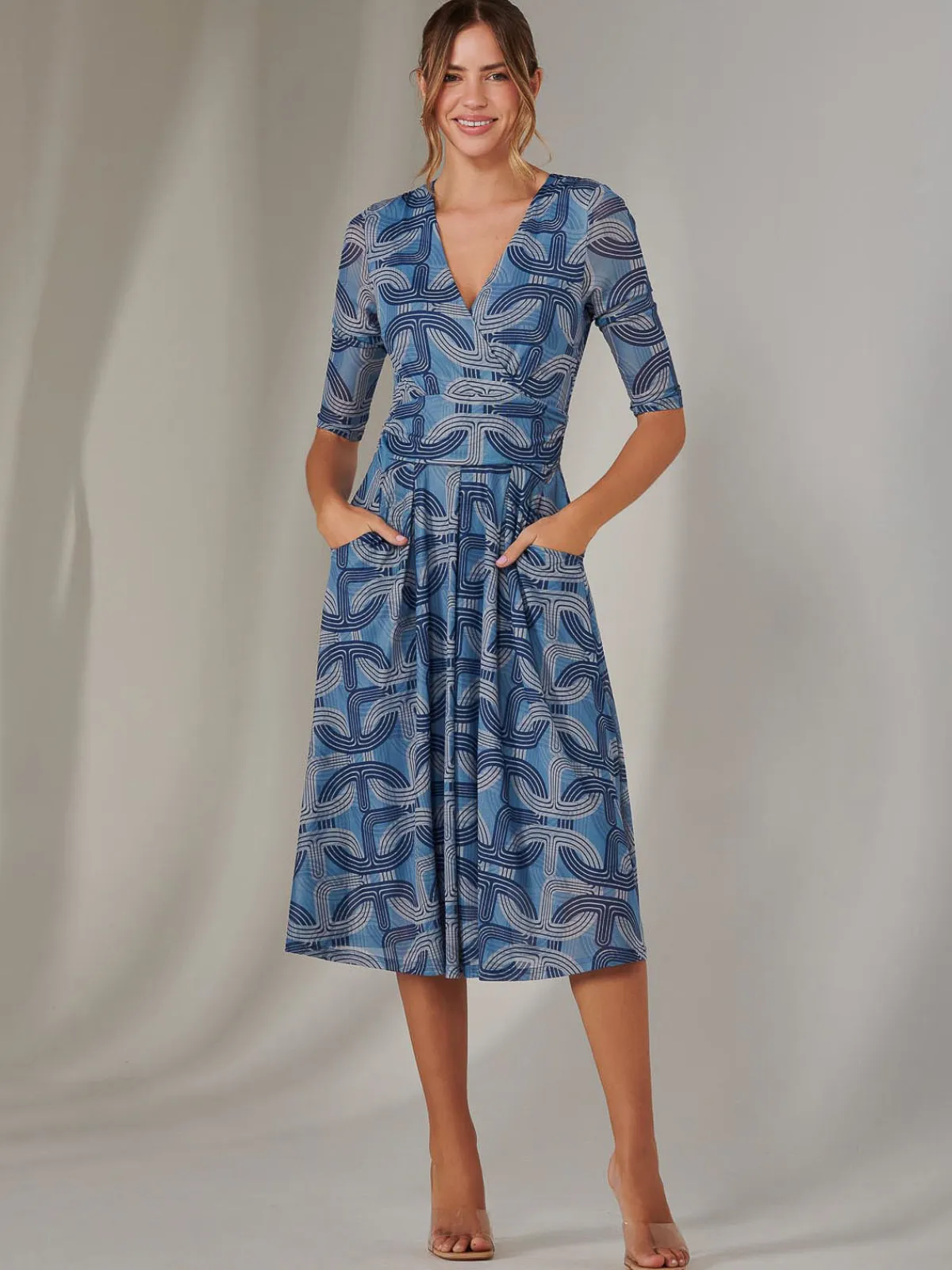Jolie Moi Occasion Dresses|Office Dresses-Mesh Wrap Midi Dress, Blue Pattern