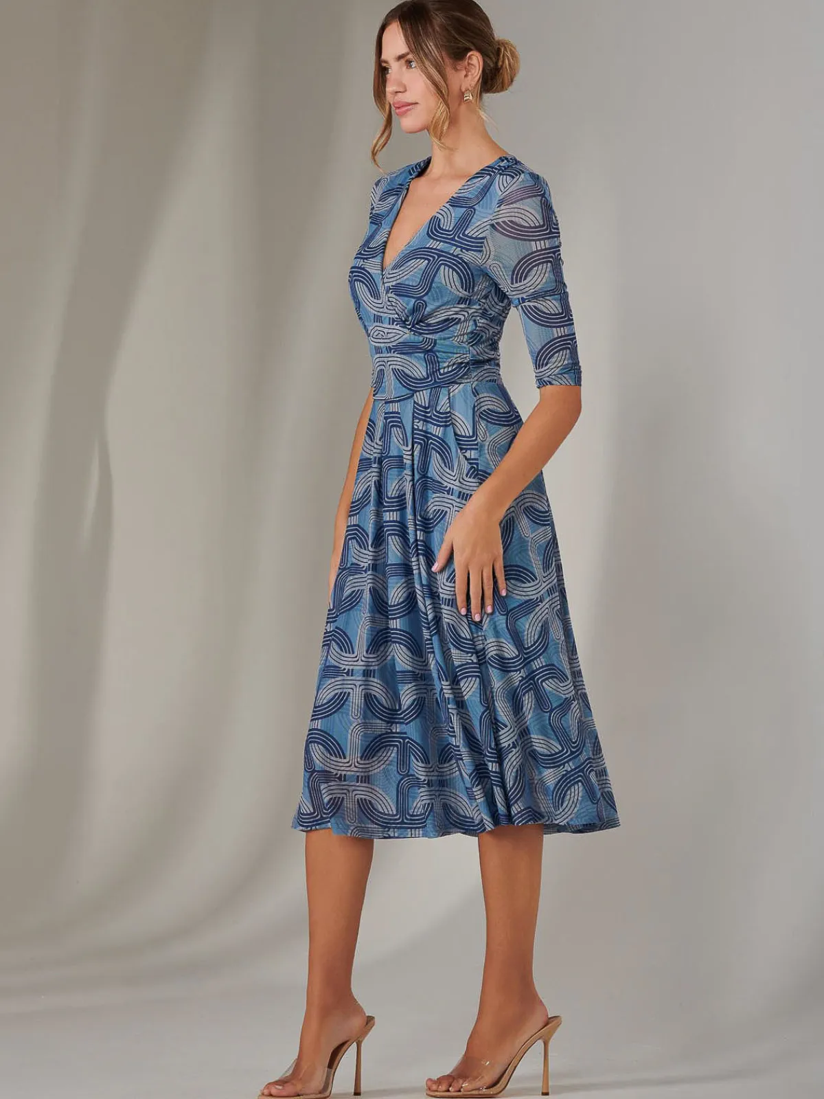 Jolie Moi Occasion Dresses|Office Dresses-Mesh Wrap Midi Dress, Blue Pattern