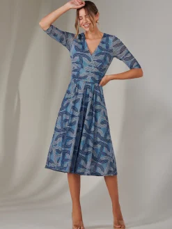 Jolie Moi Occasion Dresses|Office Dresses-Mesh Wrap Midi Dress, Blue Pattern