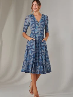 Jolie Moi Occasion Dresses|Office Dresses-Mesh Wrap Midi Dress, Blue Pattern