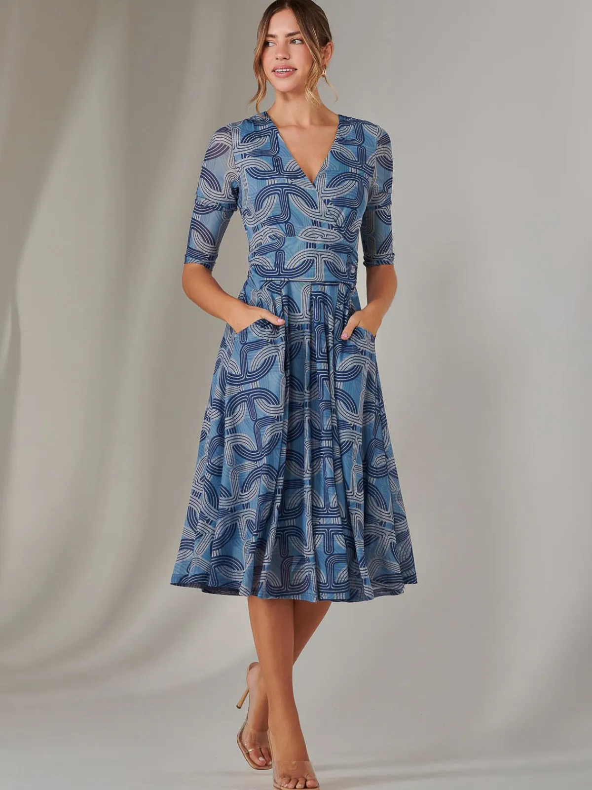 Jolie Moi Occasion Dresses|Office Dresses-Mesh Wrap Midi Dress, Blue Pattern
