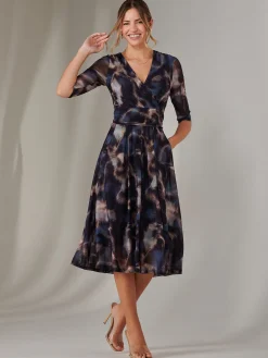 Jolie Moi Occasion Dresses|Office Dresses-Mesh Wrap Midi Dress, Leopard Multi