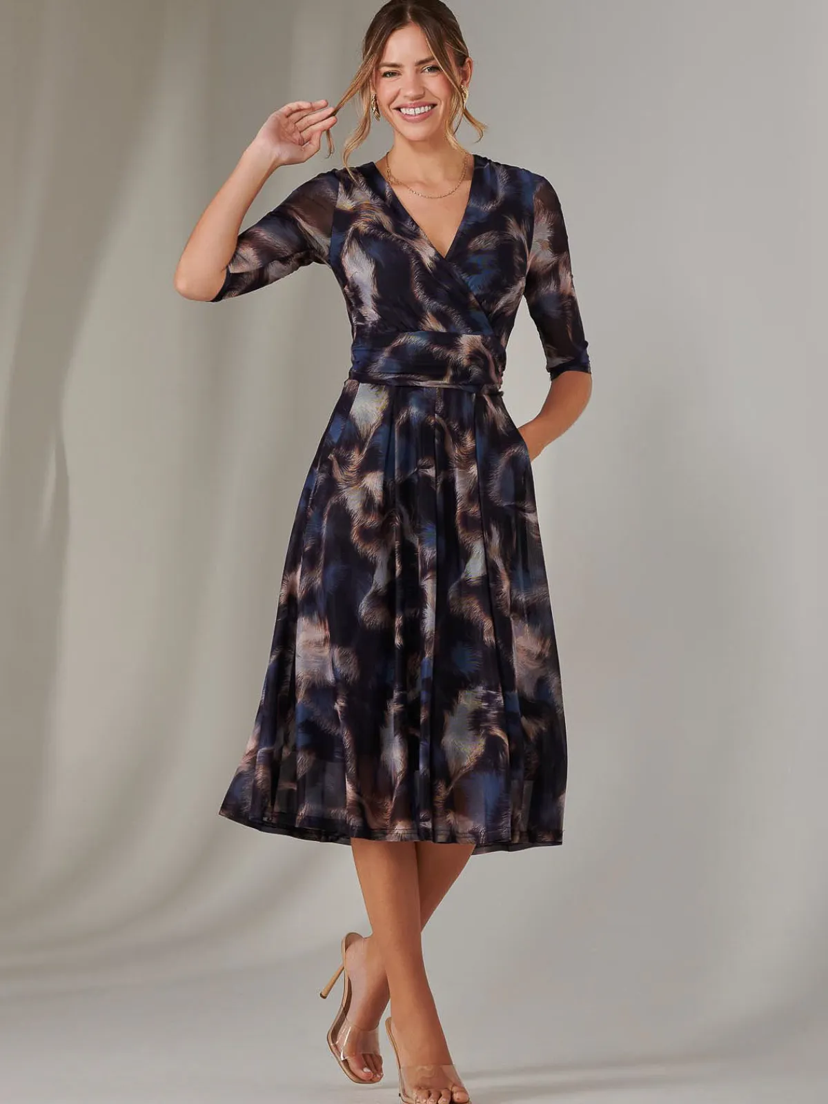 Jolie Moi Occasion Dresses|Office Dresses-Mesh Wrap Midi Dress, Leopard Multi