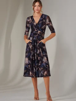 Jolie Moi Occasion Dresses|Office Dresses-Mesh Wrap Midi Dress, Leopard Multi
