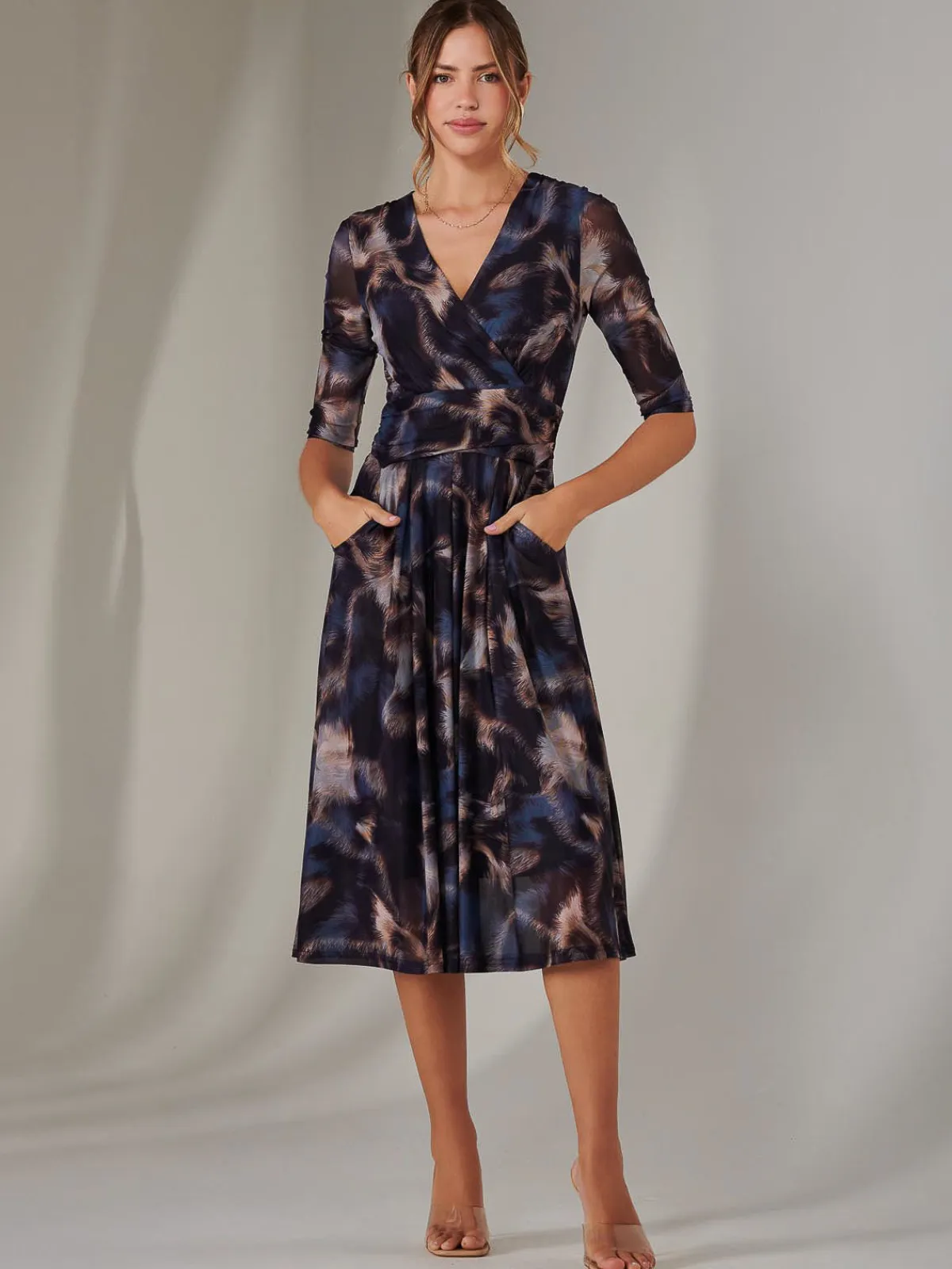 Jolie Moi Occasion Dresses|Office Dresses-Mesh Wrap Midi Dress, Leopard Multi