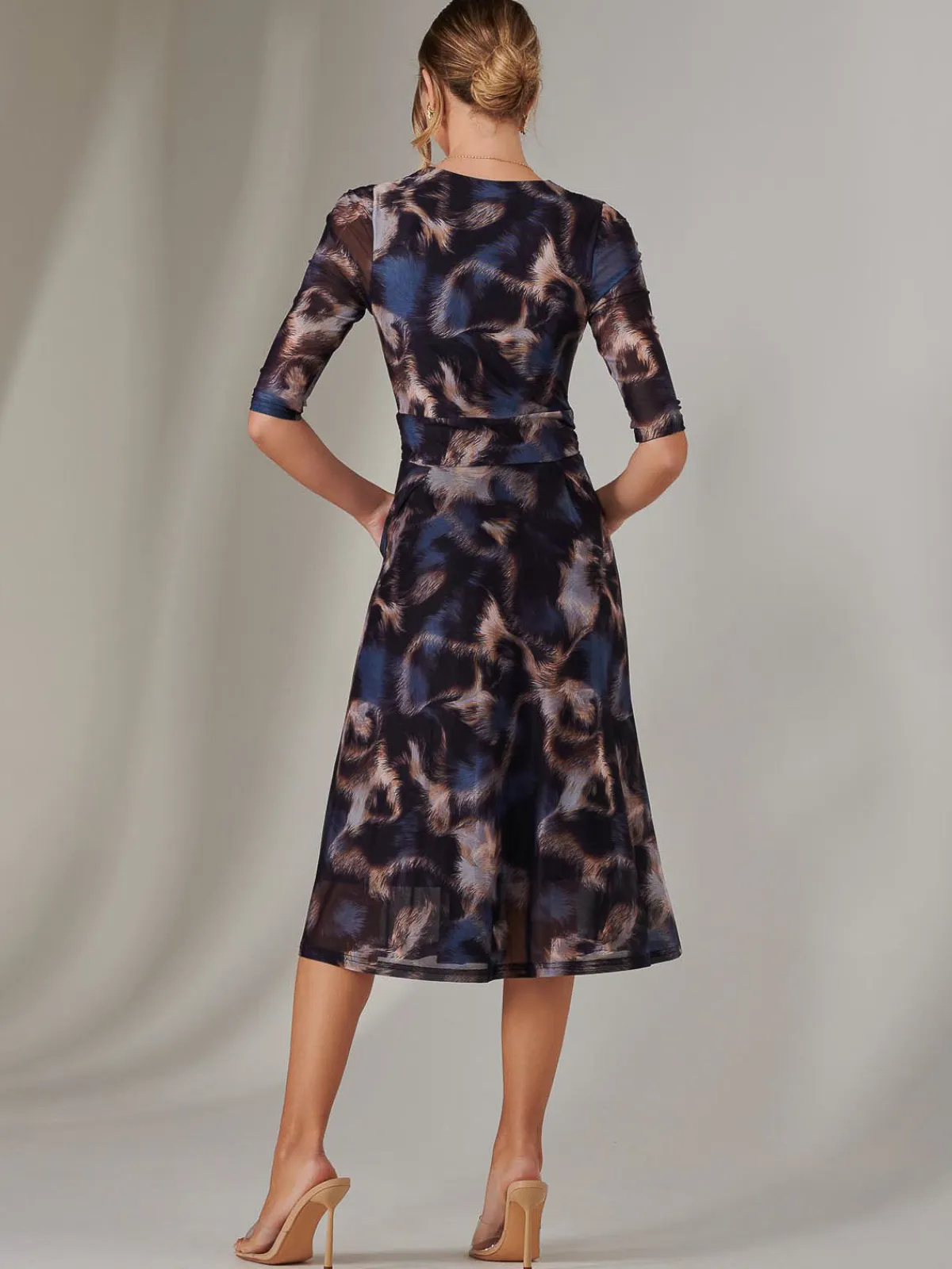 Jolie Moi Occasion Dresses|Office Dresses-Mesh Wrap Midi Dress, Leopard Multi