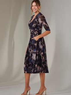 Jolie Moi Occasion Dresses|Office Dresses-Mesh Wrap Midi Dress, Leopard Multi