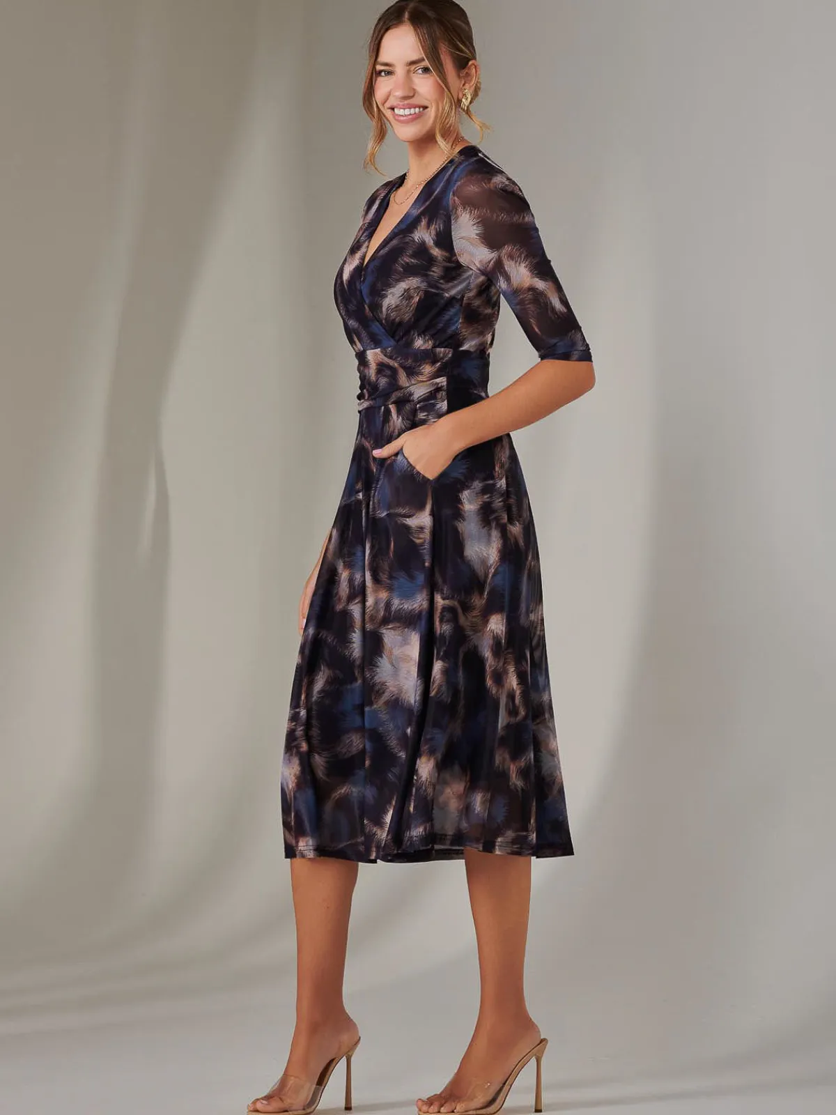 Jolie Moi Occasion Dresses|Office Dresses-Mesh Wrap Midi Dress, Leopard Multi