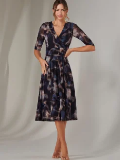 Jolie Moi Occasion Dresses|Office Dresses-Mesh Wrap Midi Dress, Leopard Multi
