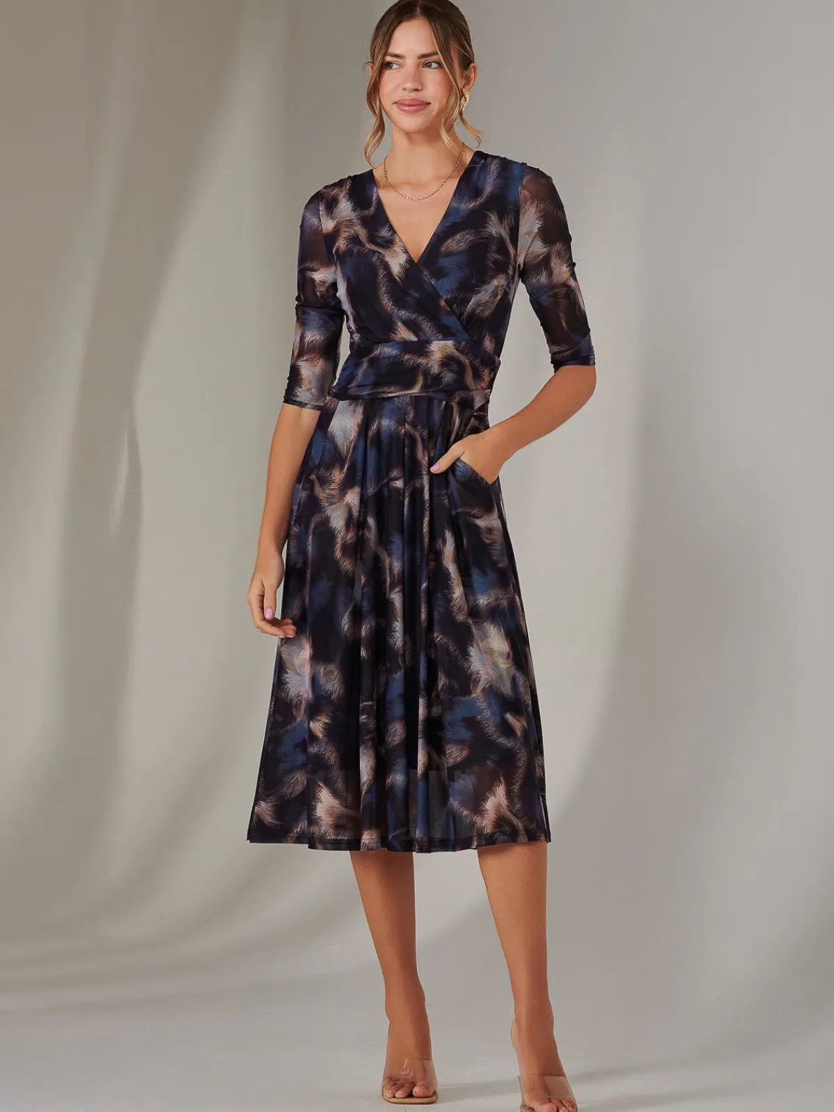 Jolie Moi Occasion Dresses|Office Dresses-Mesh Wrap Midi Dress, Leopard Multi