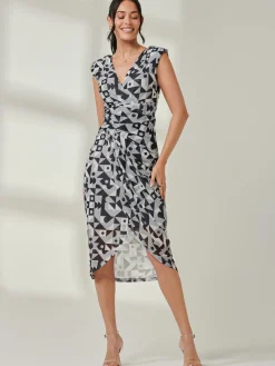 Jolie Moi Occasion Dresses|Sleeveless Dresses-Mesh Wrap Ruched Bodycon Dress, Black Geo