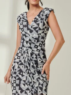 Jolie Moi Occasion Dresses|Sleeveless Dresses-Mesh Wrap Ruched Bodycon Dress, Black Geo