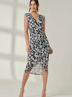 Jolie Moi Occasion Dresses|Sleeveless Dresses-Mesh Wrap Ruched Bodycon Dress, Black Geo
