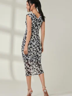 Jolie Moi Occasion Dresses|Sleeveless Dresses-Mesh Wrap Ruched Bodycon Dress, Black Geo