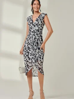 Jolie Moi Occasion Dresses|Sleeveless Dresses-Mesh Wrap Ruched Bodycon Dress, Black Geo