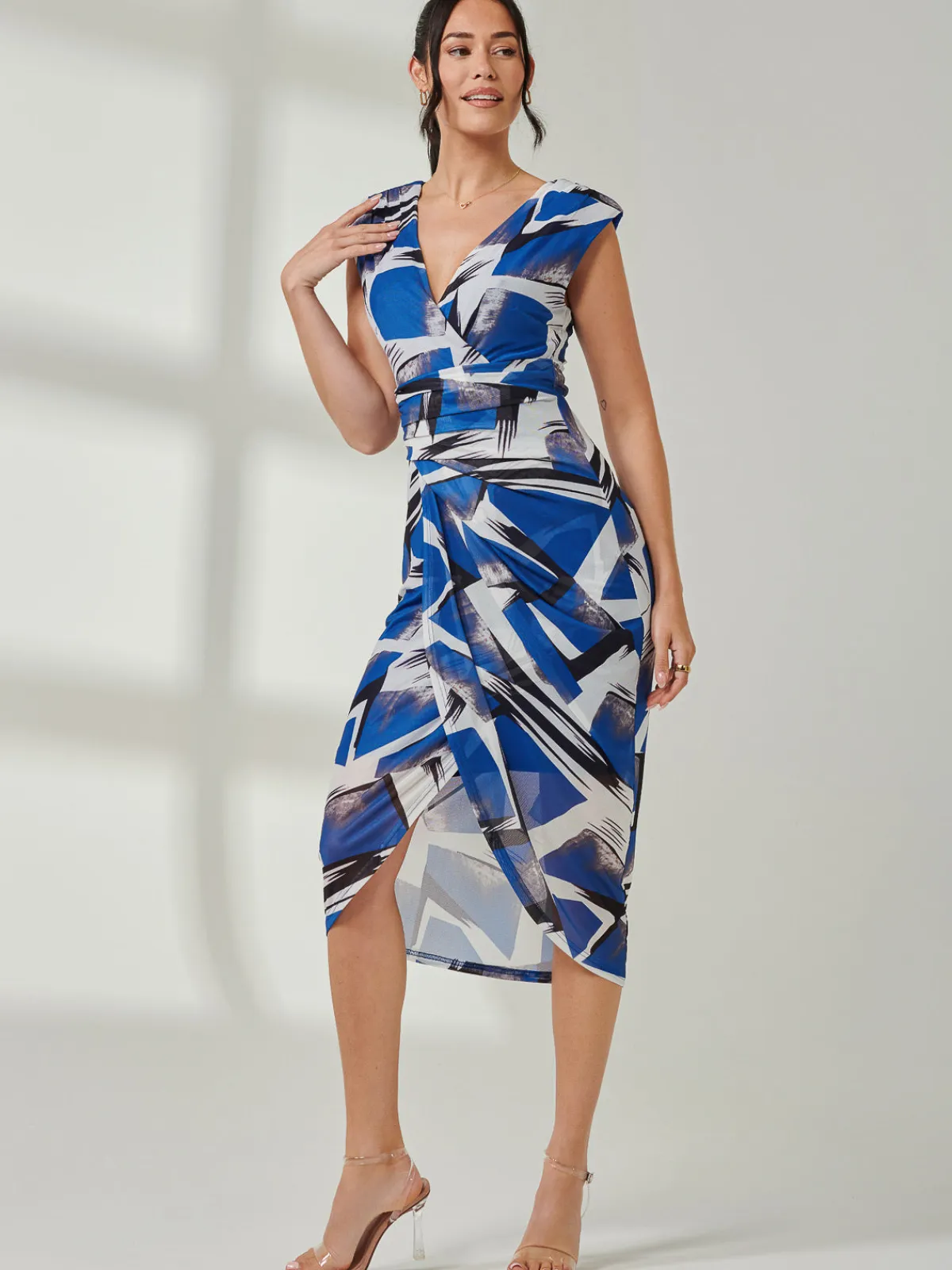 Jolie Moi Occasion Dresses-Mesh Wrap Ruched Bodycon Dress, Blue Abstract