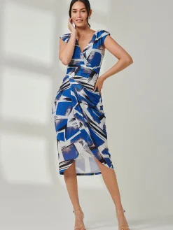 Jolie Moi Occasion Dresses-Mesh Wrap Ruched Bodycon Dress, Blue Abstract