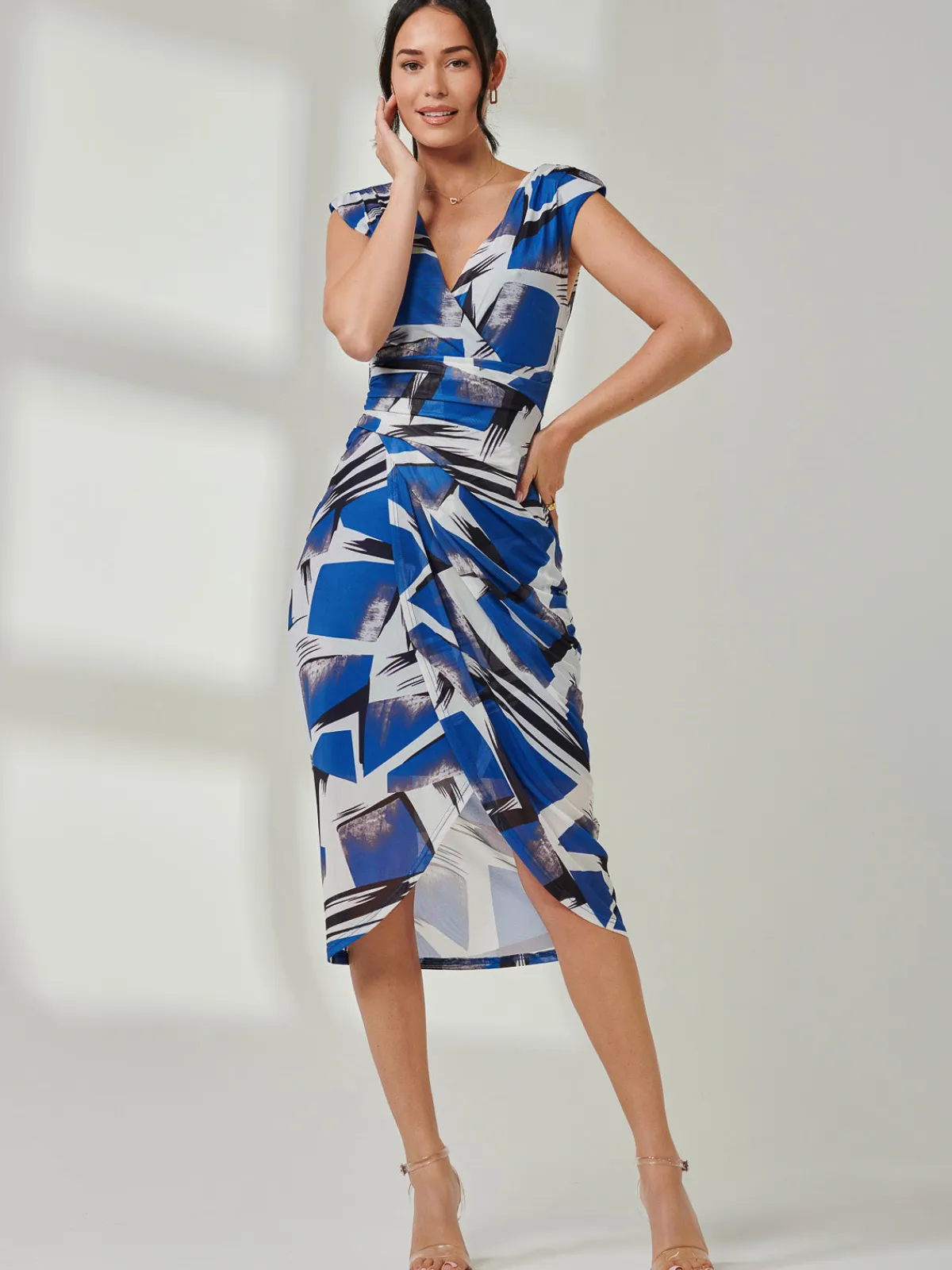 Jolie Moi Occasion Dresses-Mesh Wrap Ruched Bodycon Dress, Blue Abstract