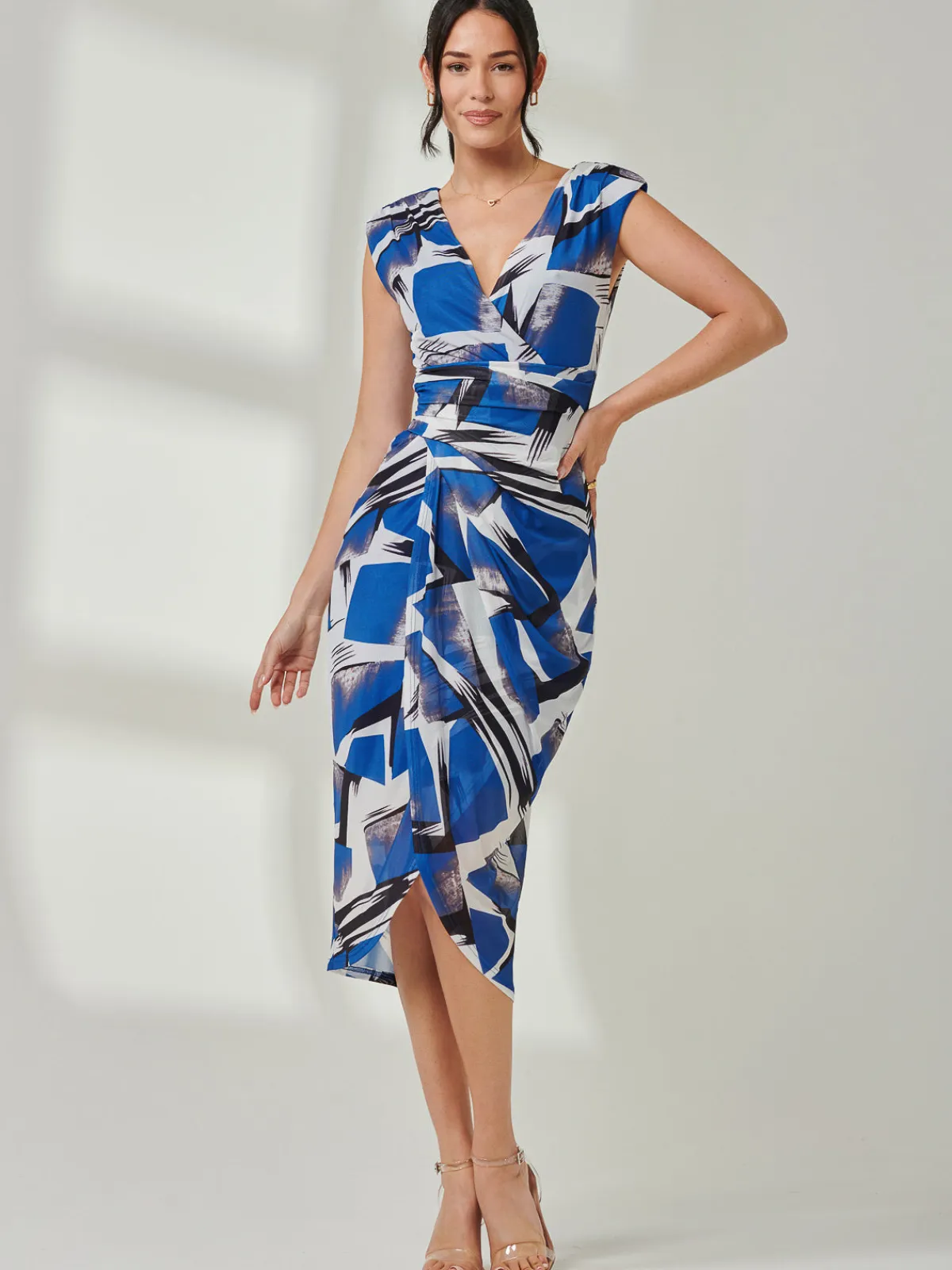 Jolie Moi Occasion Dresses-Mesh Wrap Ruched Bodycon Dress, Blue Abstract