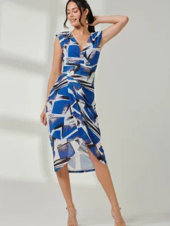 Jolie Moi Occasion Dresses-Mesh Wrap Ruched Bodycon Dress, Blue Abstract