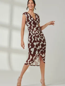 Jolie Moi Occasion Dresses|Sleeveless Dresses-Mesh Wrap Ruched Bodycon Dress, Brown Pattern