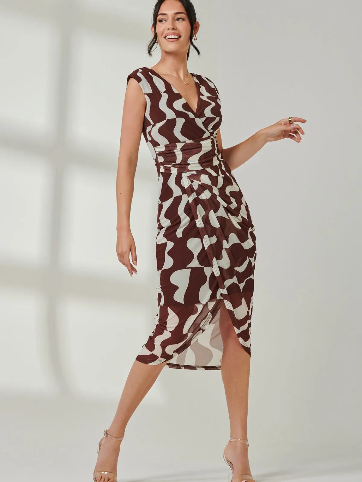 Jolie Moi Occasion Dresses|Sleeveless Dresses-Mesh Wrap Ruched Bodycon Dress, Brown Pattern